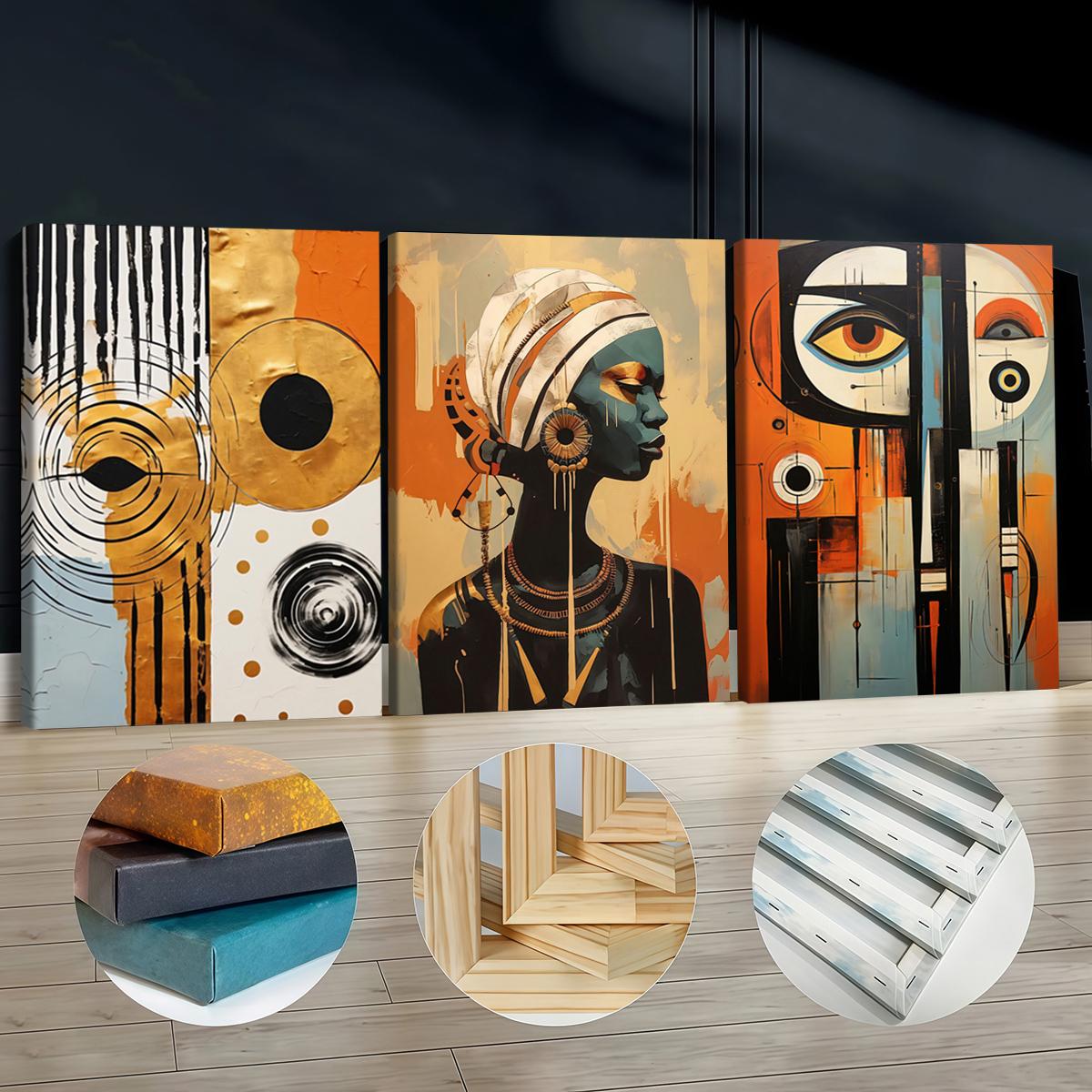 3Pcs Wooden Framed Canvas Painting, African Woman Abstract Geometric Shapes Gold Orange, Exquisite Poster, Home Decoration, Pattern Wall Art Decor, For Living Room, Bedroom, Office, Restaurant, Bar Wall Decor, Odorless, Painting, Print Artwork