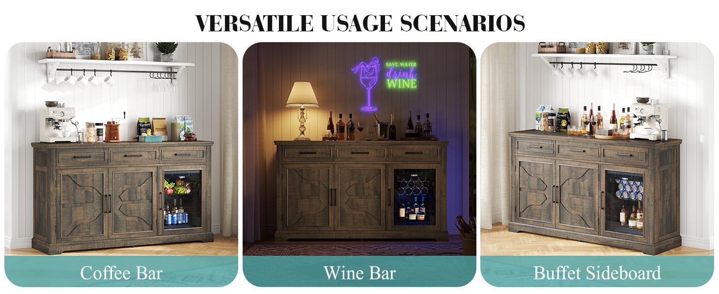 [Ships in 2 Boxes] AMERLIFE 60" Farmhouse Coffee Bar Cabinet with Beverage Fridge (Included), Wine Bar Cabinet with Drawer Storage, Mini Fridge Cabinet, Sideboard Cabinet for Dining Room, Living Room