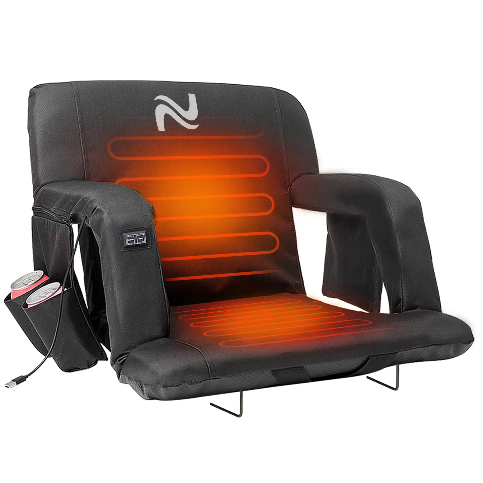 LILYPELLE Heated Stadium Seat, Portable Bleacher Chair with Back & Seat Heating, 3 Heat Levels, 6 Reclining Positions, Thick Padded Cushion, Hooks & Cup Pockets for Sports Games & Camping