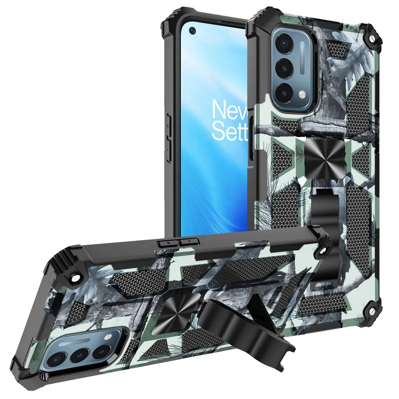 Premium Folding TPU & Polycarbonate Cover with Built-in Kickstand, Magnetic Mount for ONEPLUS NORD N200 5G (Tree Leaf Patterns) - Shockproof Protection, Cellphone Accessory | CELL DEMAND Official