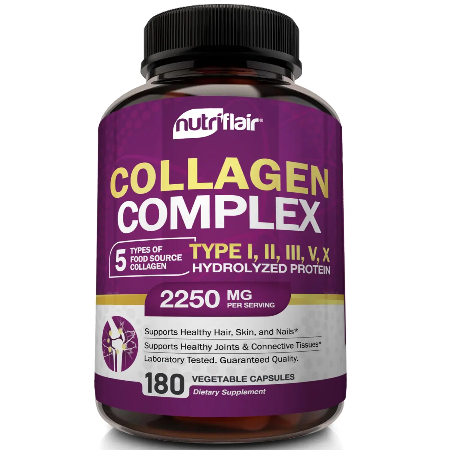 NutriFlair Multi Collagen Complex 2250mg Beauty Anti Aging Healthcare Skin Care Selfcare Supplement, Skin Hair Nails Joint Support, Dairy-Free Vegan-Friendly Dietary Capsules - 180 Count