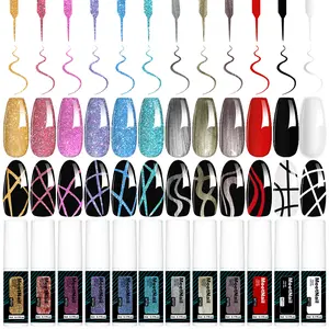Reflective Glitter Gel Liner Art Polish Set Cutics 12 Color Rainbow UV Gel Nail Polish Set with Thin Brush in Bottle for Swirl/Euphoria French Tips Manicure Painting DIY at Home  Nails Supplies Cosmetic