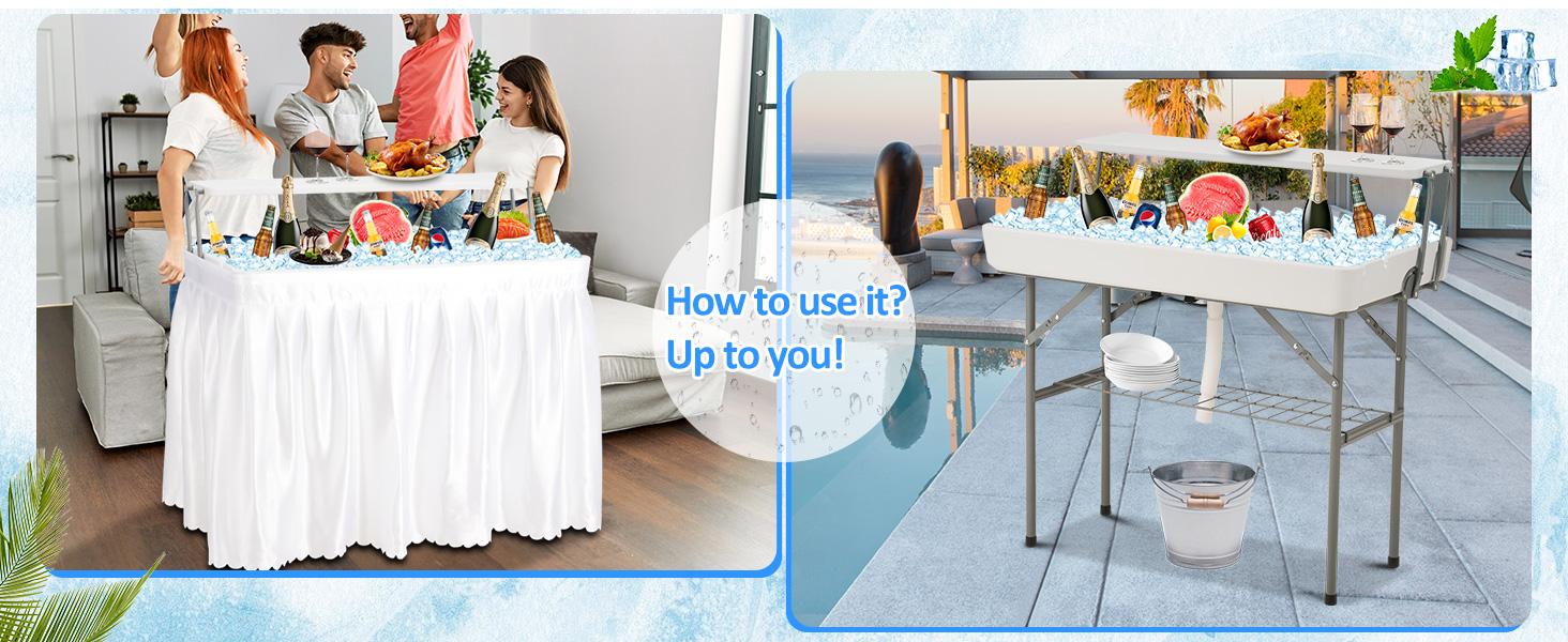 AHB Outdoor Cooler Table with Drain, Folding Ice Cooler Table with Removable Matching Skirt, Portable Table Coolers 4 Foot for Party BBQ Camping Wedding