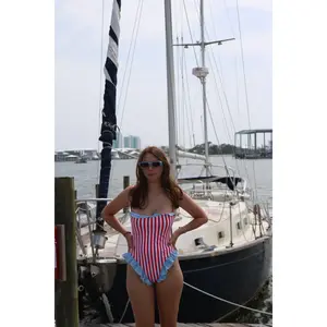Red and White Striped One-Piece with Baby Blue Ruffles