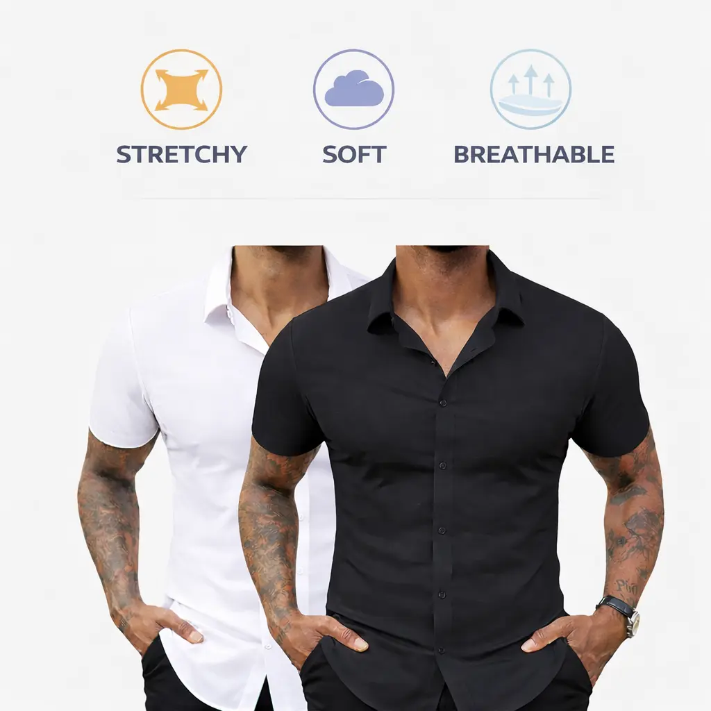 2-Pack AMZPURE Men's Stretch Slim Muscle Fit Short Sleeve Dress Shirts Casual Button-Down Style Perfect Menswear for Dad,back to school,back to school shopping sohochic style