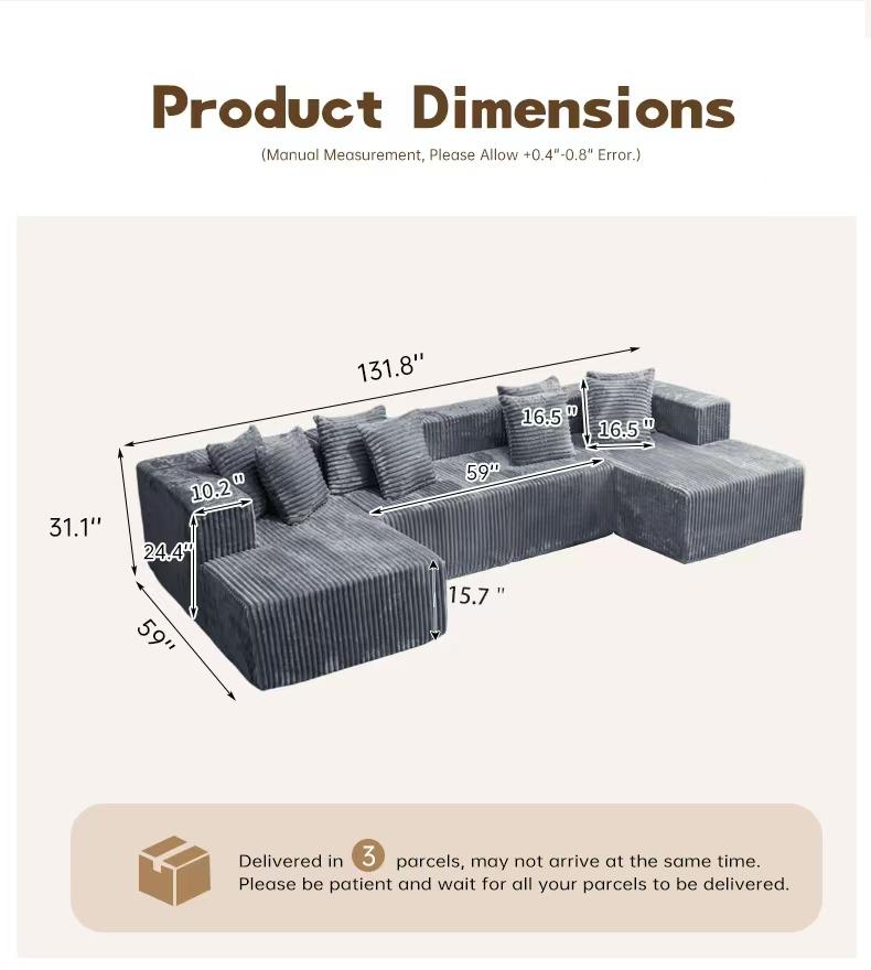 【3 Packages shipping】133"Large modular sofa with 8 pillows and double lounge chairs, U-shaped no assembly required, deep seat modular cloud sofa 【3 Packages shipping】133"Large modular sofa with 8 pillows and double lounge chairs, U-shaped no assembly required, deep seat modular cloud sofa