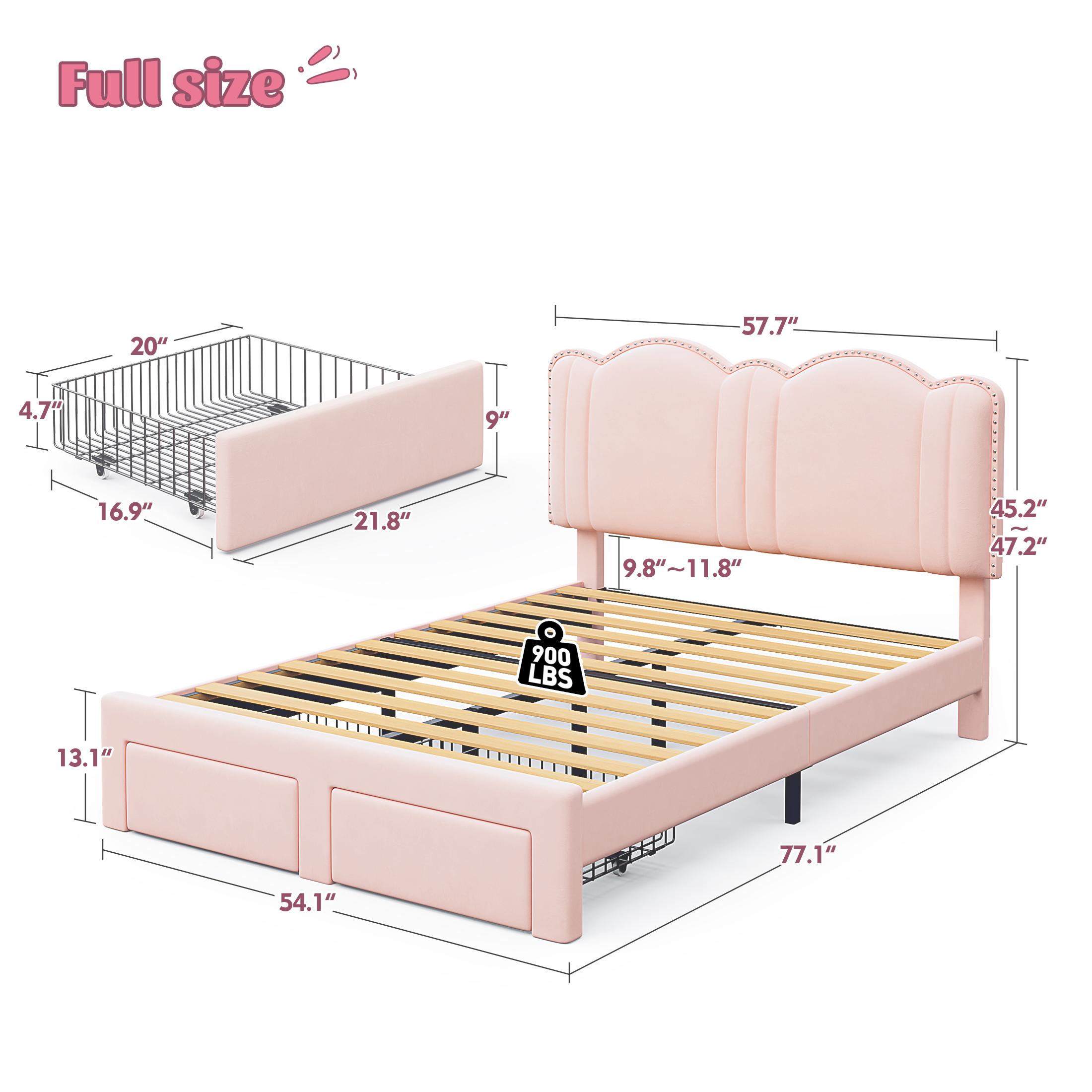 Raybee Furniture Full/Queen Size Upholstered Bed Frame with Velvet Cloud Headboard, Pink Princess Bed Frames with Storage Drawer and LED, Headboard Height Adjustable, Strong Support, No Box Spring Needed, Easy Assembly [Black Friday]