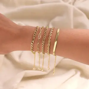 5PCS Waterproof 14K Real hypoallergenic Gold Jewelry Set for Women – Trendy Thin Dainty Stackable Cuban Link, Paperclip Chain Bracelet Pack, Fashion Accessories Gifts for Women non-tarnish Christmas Gift