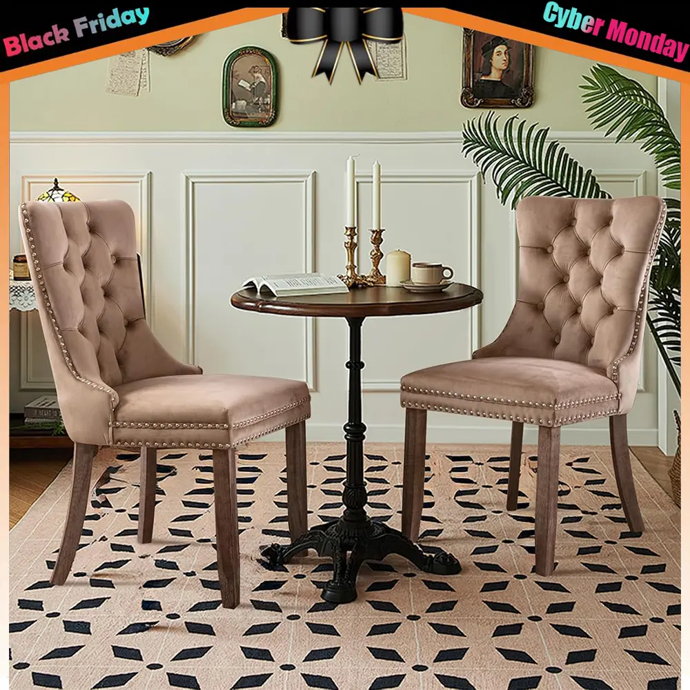 Velvet Fabric Modern Tufted Chair Set of 2 - Upholstered Tufted Seat, Nailhead Trim, Solid Wood Legs, Without Arms - Indoor Furniture for Kitchen, Restaurant