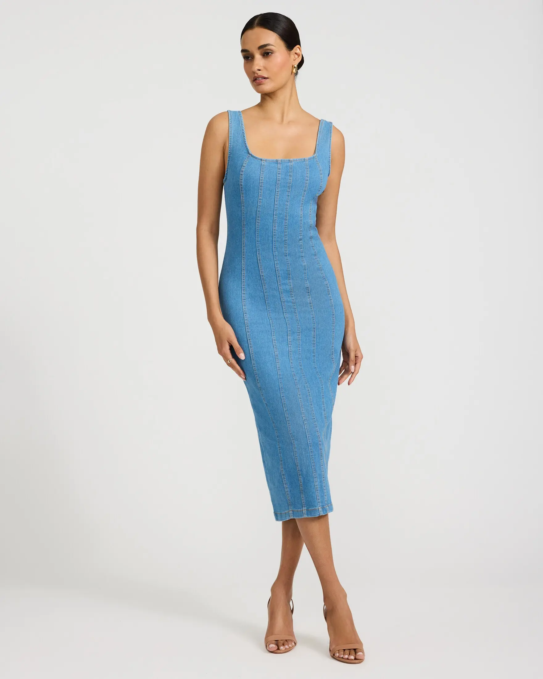 Express Stretch Denim Scoop Neck Seamed Midi Dress