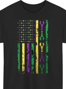 100% Cotton Louisiana Crawfish American Flag T-Shirt Black Background with Green Purple Stripes, Ultra-Soft 100, Crew Neck, Regular Fit, Short Sleeve, Digital Heat Transfer, Casual Style, Perfect for Mardi Gras, New Orleans Par