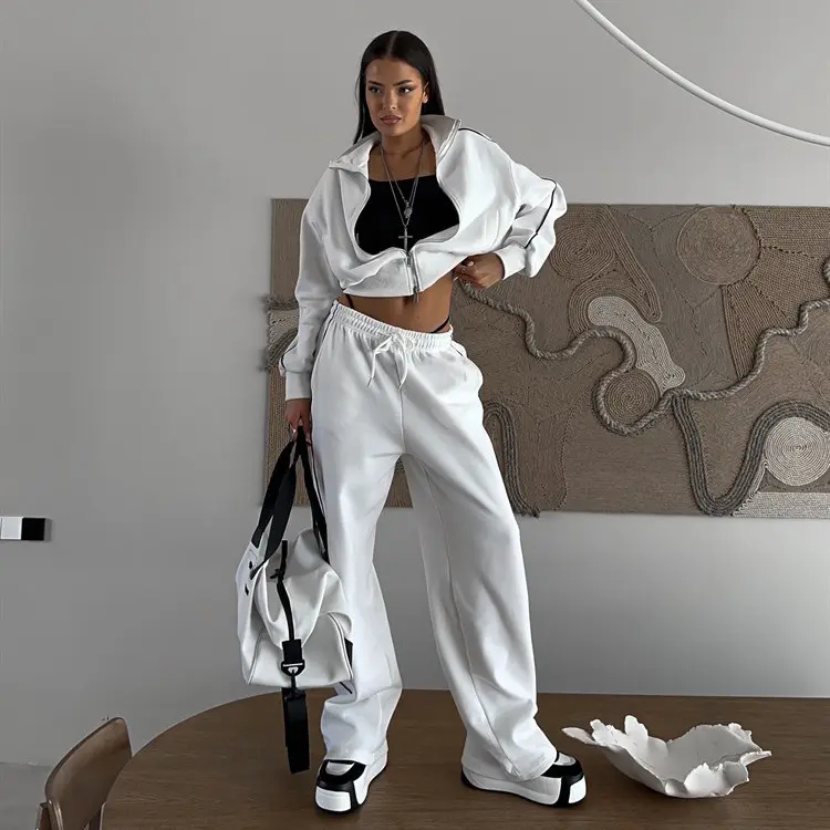 Women's 2 piece loungewear set casual fashion zip up cardigan jacket and drawstring sweatpants cozy soft matching outfit for daily wear home lounge workout running errands fall winter spring