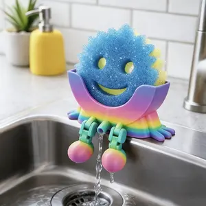 Cute Hanging Sponge Holder with Drainage,3D Printed Kitchen Funny Sponge Stand for Sink,with non-slip pads,Suitable for Scrub Daddy Holder,Keeps Your Sponge Dry Smiling