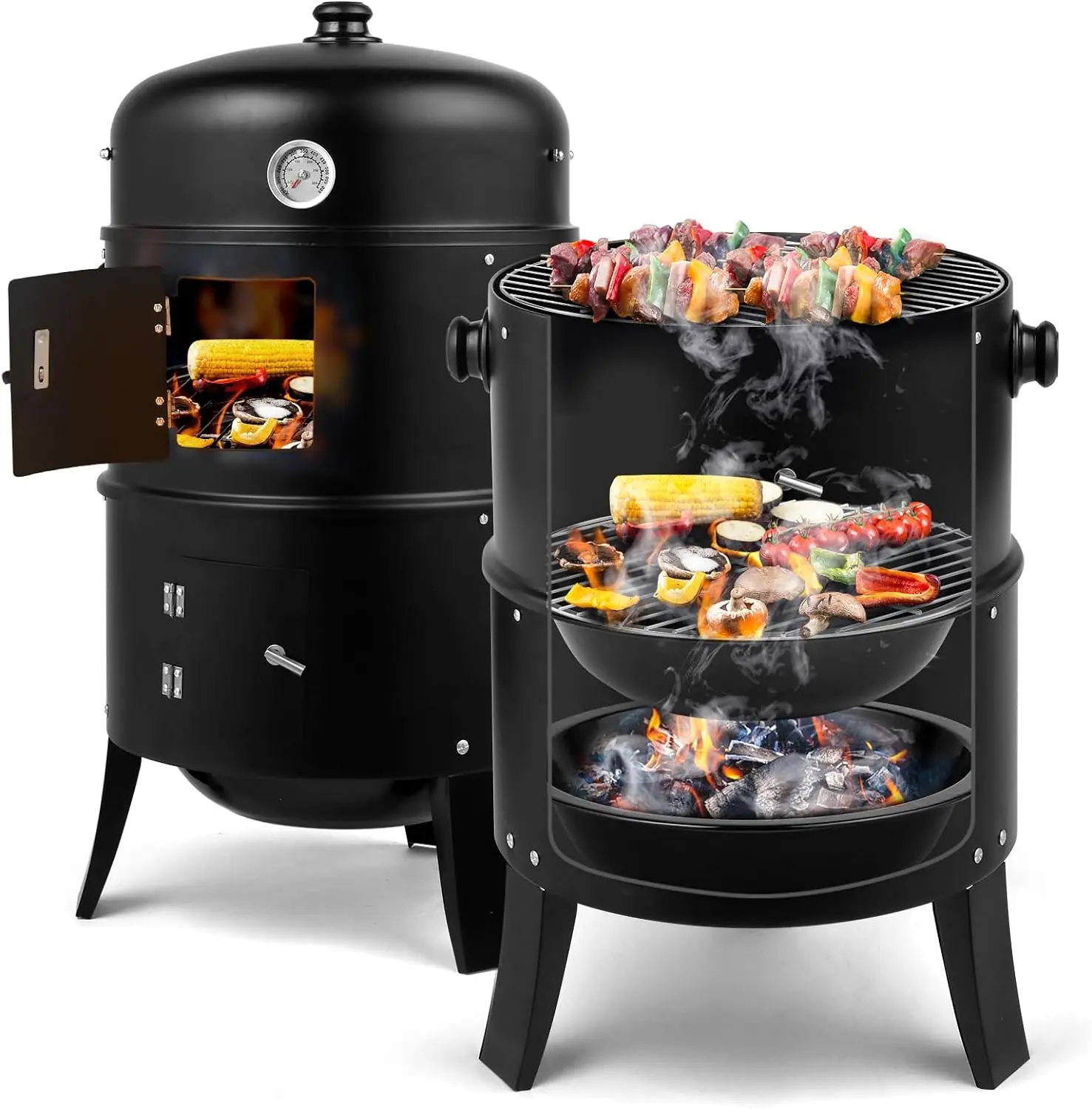 Ubesgoo Vertical 17-in Barrel Charcoal BBQ Smoker Grill, 3-in-1 Portable Outdoor Backyard Gear with Built-in Thermometer, Large Cooking Space & Sturdy Hooks for Camping, Barbecue, Barrel Charcoal Grill