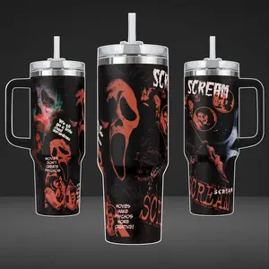 Scream "Movies Make Psychos More Creative" 40oz Tumbler with Handle | Billy Loomis Ghostface Collage Custom Cup | 20oz Insulated Travel Mug | 90s Horror Nostalgia Gift | Cup Holder Friendly