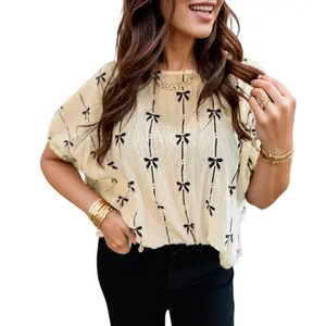 Asvivid Women's Bow Print Puff Short-Sleeve Blouse, Cute Loose Summer Casual Top, Trendy Design