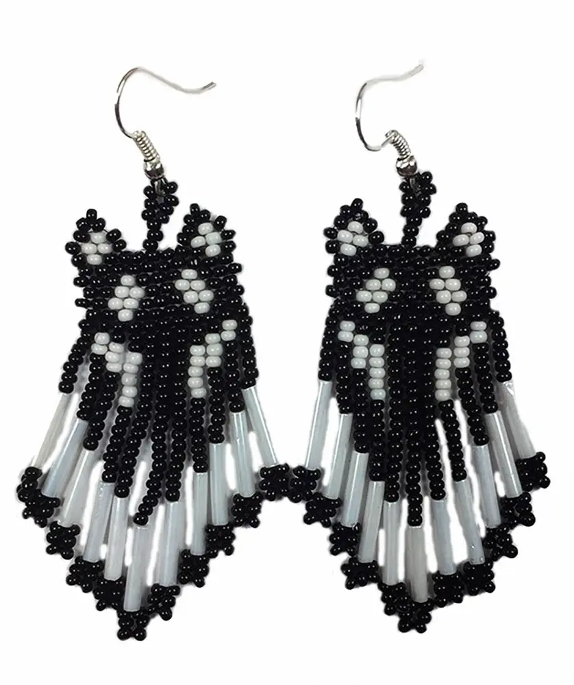 Handmade Beaded Black Seed Bead Wolf Big Earrings