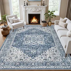 Timeless Classic Design Rug Ultra Soft Velvet Washable Stain Resistant Non Slip Backing Boho Medallion Carpet for Living Room Bedroom Dining Room