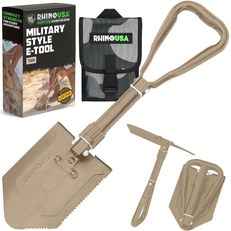 Rhino USA Folding Survival Shovel w/Pick - 3-in-1 Multipurpose Heavy Duty Carbon Steel Military Style Tool for Off Road Camping Gardening Beach Digging Dirt Sand Mud & Snow