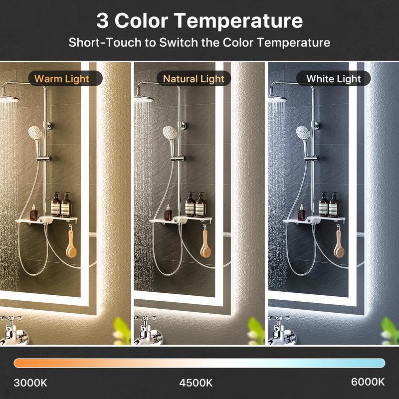 GLITGATE LED Bathroom Mirror Lights, Dimmable Bathroom Mirror with Touch Control, Over Sink Bathroom Mirror with Tempered Glass, 3-Color Options, Wall Mounted, Defogging&Memory Timing Function, Closets, Hallways,Barber Shop