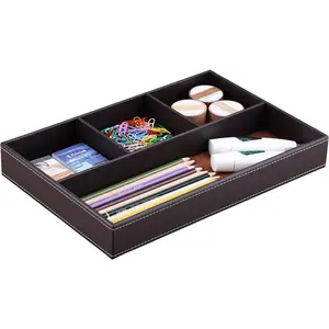 Pu Leather Desk Organizer Tray, 4 Compartment Office Storage Supplies Stationery Drawer Tray, Nightstand Bedside Tray for Key, Wallet, Watch, Coin, Phone Valet Tray Stackable