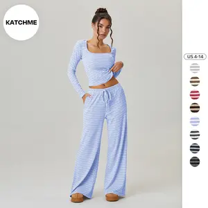 KatchMe Women's Versatile Square Neck Stripe Long Sleeve Crop Top & Low-Rise Wide Leg Trousers Co-ord, Soft Breathable High Stretch Outfits, Cozy Womenswear