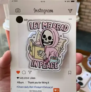 Let Me Read In Peace Phone Grip MagSafe, Cute Pink Skeleton Pop Socket for Kindle, Aesthetic Bookish Gift for Her, Magnetic Phone Stand, Unique Reader Accessory
