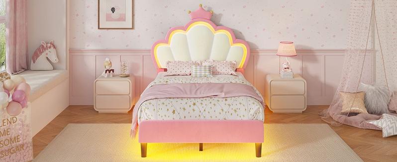 SIKAIC Girls Twin Bed Frame with Princess Crown LED Velvet Upholstered Platform Pink Adjustable Cloud Headboard Bedroom Bedframe