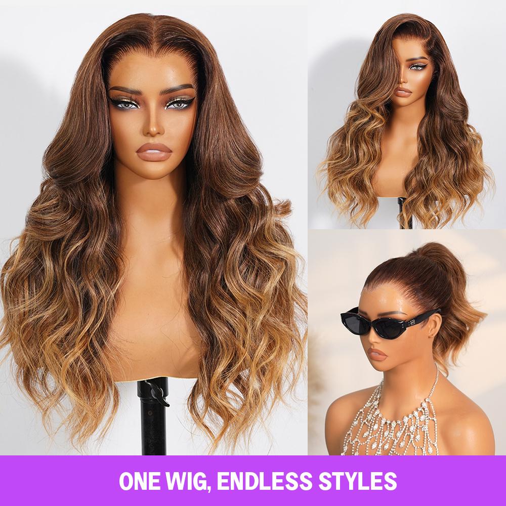 Megalook 24inch Ombre Brown Upgrade 13x6 Three-Go Glueless Wig Color #N53 Fitted Pre-Styled Parting Breathable Dome Cap Free Lace Front 100% Human Hair Wig 320℉ Heat Resistant Vintage Women Black SpringStatements