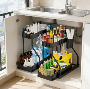 Space-Saving 2-Tier Under Sink Sliding Organizer with Pull-Out Basket for Kitchen Bathroom Laundry Corner Clear Cosmetic Rack Collapsible Multifunctional Storage Bins Rolling Three-Tier Cart Magnetic Spice and Drink Set prevents water dustproof home