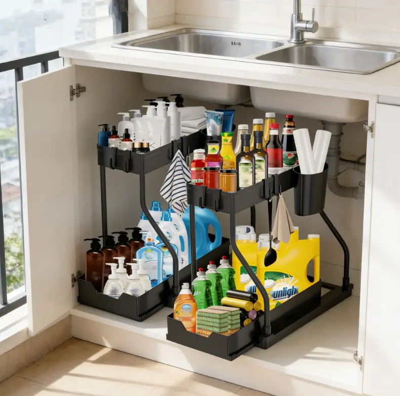 2-Tier Durable Under Sink Sliding Organizer with Pull-Out Basket, Insert Mount, PP Construction - Collapsible Dustproof Water-Resistant Rolling Storage Bin (10 - 15 Kg Capacity) for Kitchen, Office Home Supplies Organization, Organizing