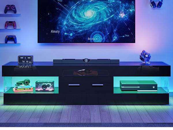 TV Stand for TVs up to 75" Modern Entertainment Center with LED Light High Gloss TV Console Table Storage Drawers