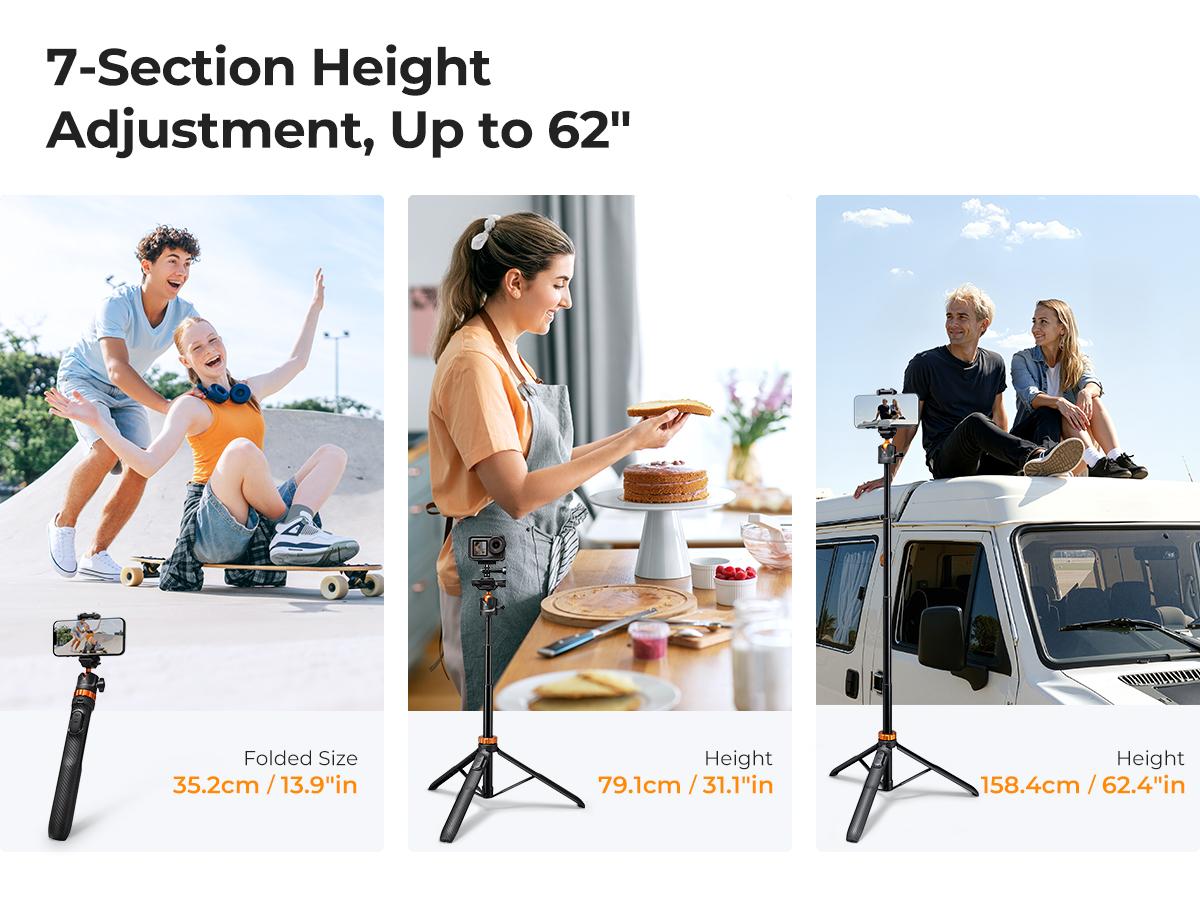 K&F CONCEPT Selfie Stick Tripod – 2-in-1 Phone/Camera Stand with Built-in Remote| For iPhone/Android, Works with Selfie Accessories & GoPro/DJI/Insta360| Ideal for Travel/Live Streaming/Vlogging/Daily Use