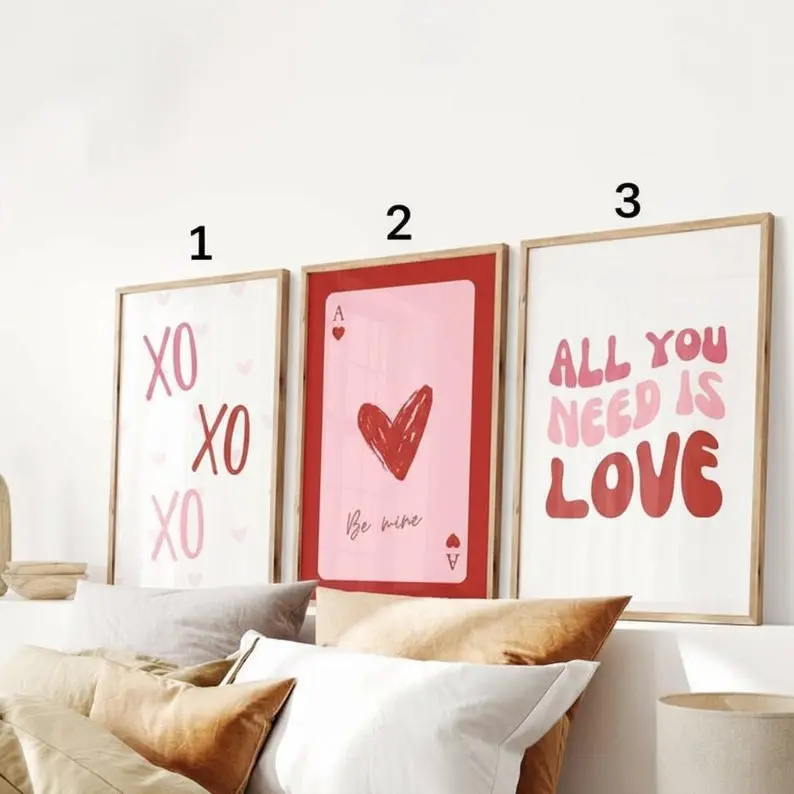 Pink XO Be Mine All You Need Is Love Set Poster Red Hearts Coquette Decor