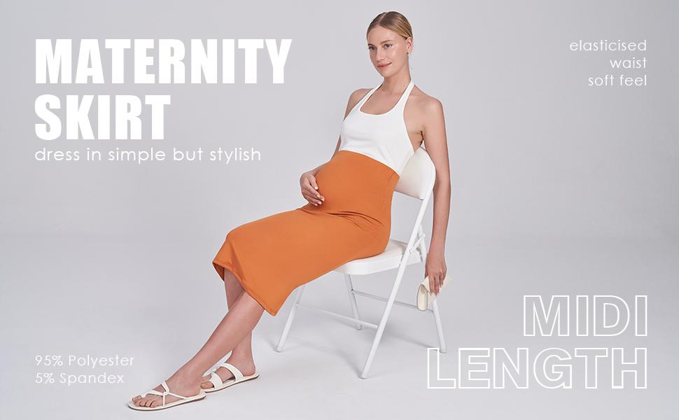 POSHDIVAH Women's Maternity Skirt Over The Belly Midi High Waisted Solid Stretchy Pregnancy Pencil Skirt pregnancy supply summer clothes