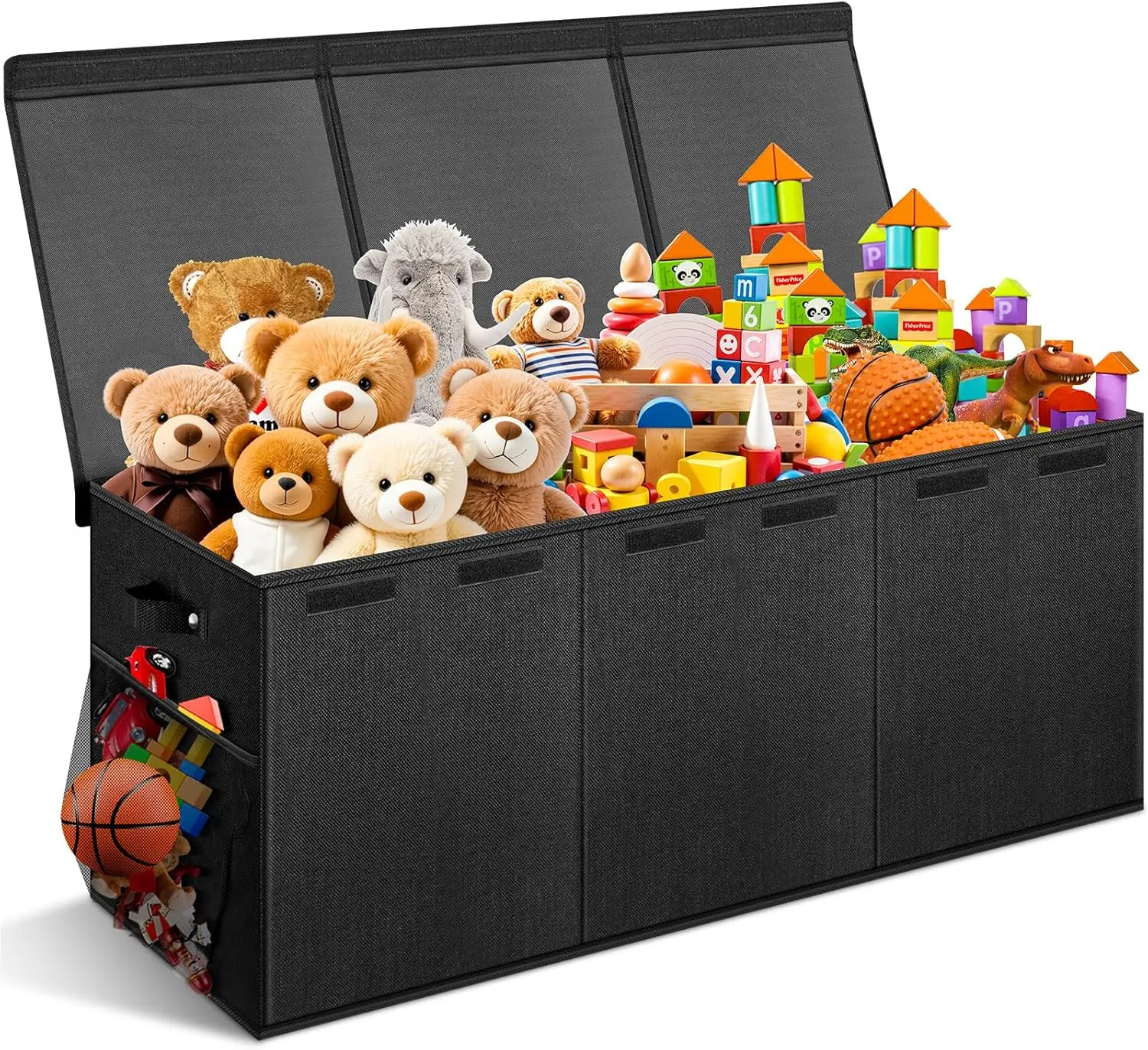 Extra Large Rectangular Collapsible Plastic Toy Storage Box with Lid, Dividers, Shelf Compatibility - Lightweight Sturdy Linen-Decorative Dustproof Kids Organizer Bin for Boys' Bedrooms - 38"x16"x14" Black Home Organizer, Container, Laundry, Carry Handle,