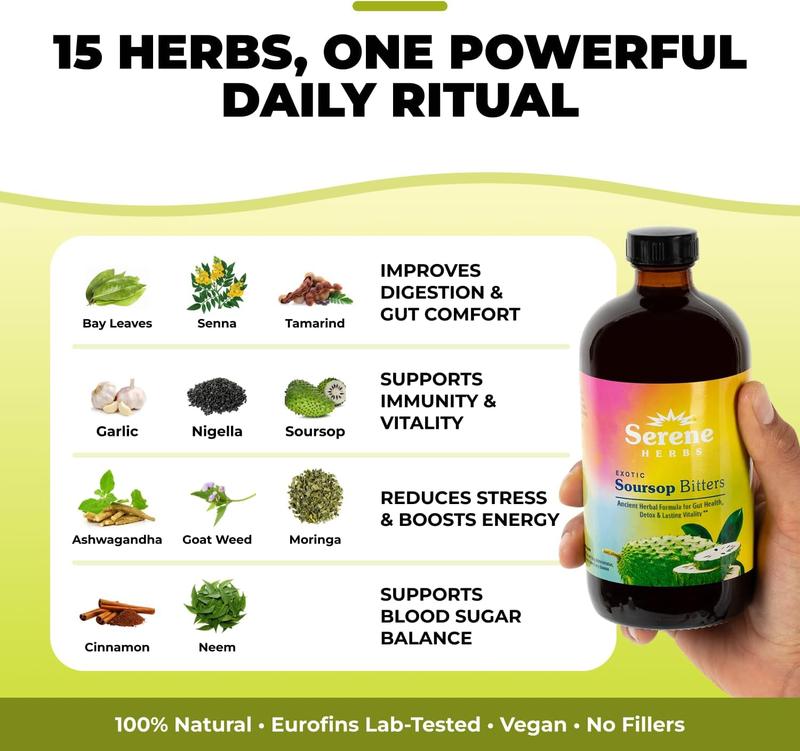 Soursop Bitters Liquid – Organic Herbal Detox with Black Seed, Moringa & Ginger by Serene Herbs – Supports Digestive Wellness & Immune Function – 16 fl oz​