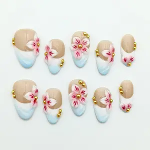 Moonovate | PETALS IN THE AIR 10pcs Handmade Press On Nails Almond Nails REUSABLE 3D Gel Fake Nails Acrylic Press On Nails											