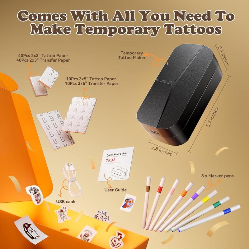 Phomemo DIY Temporary Tattoo Maker, TK32 Tattoo Maker for Kids & Adults, Create Custom Temporary Tattoos, DIY Tattoo Sticker Kit with 50 Papers & 8 Markers, Perfect for Parties, Events, Gifts & Creative Fun, Black