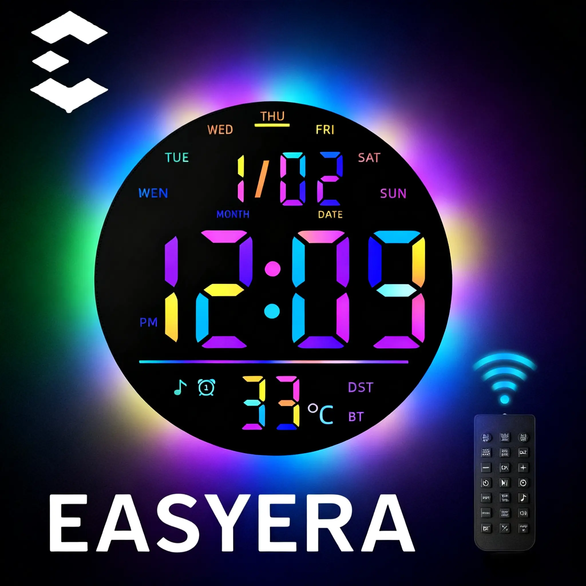 EASYERA 10" Large Round Digital Wall Clock with Remote Control, Music Sync, Circle clock with RGB Atmosphere Lights with 11 Scenes Mode, Dual Alarms with Big LED Display, Timer Clock for ADHD, Focus Tool, Classroom, Game Decor Home, Auto Dst Adjustment ti