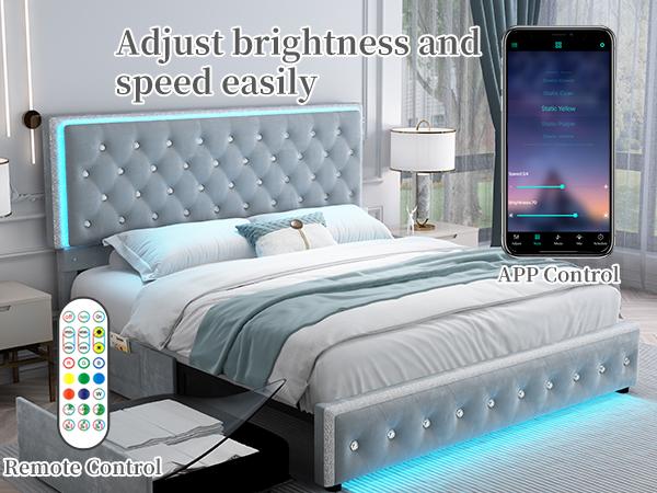 Sibeds Queen LED Bed Frame with 2 Storage Drawers, Adjustable Crystal Tufted Headboard, PU Leather & Velvet, Noise-Free Solid Slats, No Box Spring Needed, Easy Assembly, Modern Design