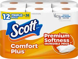 ComfortPlus Toilet Paper – 12 Triple Rolls, 231 Sheets Per Roll, Septic Safe 1-Ply Soft Bathroom Tissue