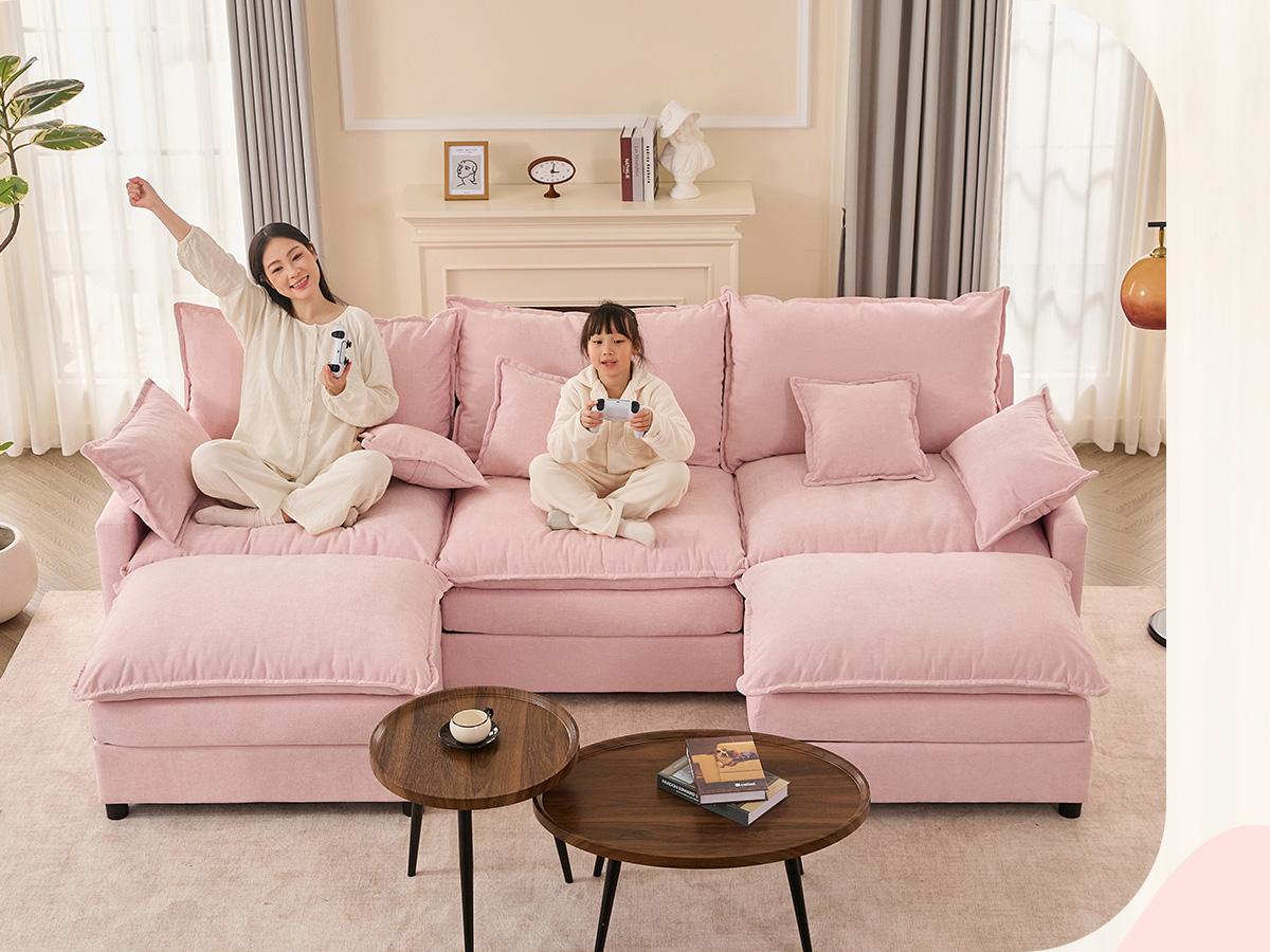 【2 Packages Shipping】GOSUHI 108" U-Shaped Modular Sectional Sofa - Comfy Cloud 3-Seater with 2 Movable Ottoman, Cloud Sofa,Deep Seat Linen Couch for Living Room, Beige Color ,Comfort & Stylish Design,Chenille pink