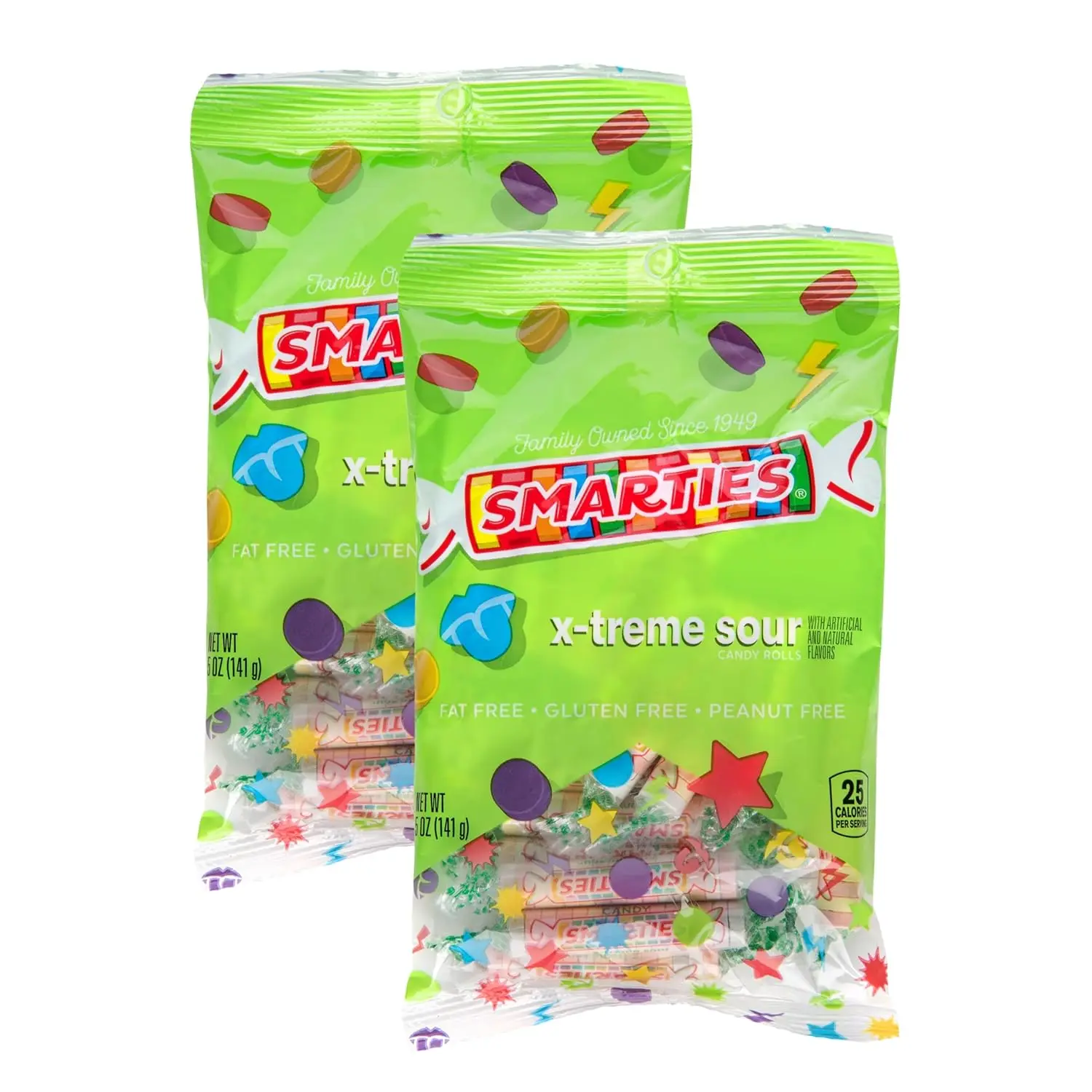 Smarties X-Treme Sour Sugar Candy | Gluten Free Peanut Free Dairy Free | Vegan Friendly Halloween Treat | Made by Smarties Candy in the USA Individually Wrapped - 5 oz Bags (Pack of 2)