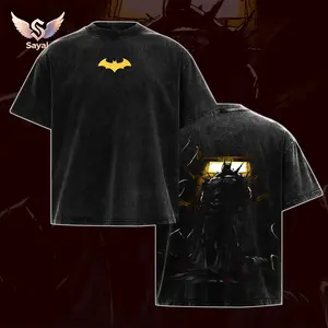Bat DC Double Printed Oversize Lightweight Acid Washed Tee - Ultimate TV Show Graphic Top in Soft Cotton, Perfect Gift T-Shirt for Comic Lovers and Movie Fans