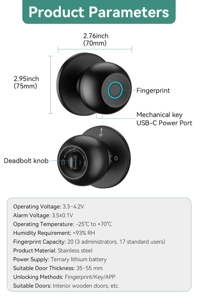Smart Fingerprint Door Knob Keyless Entry 3-in-1 Biometric Knob Lock APP Control Bedroom Home Privacy