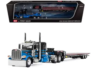 Peterbilt 389 with 48" Flat Top Sleeper and Landoll Traveling Axle Trailer Black with Blue 1/64 Diecast Model by DCP/First Gear