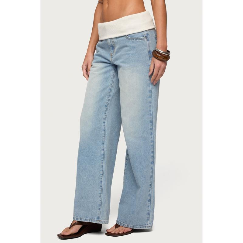 Knit Foldover Low Rise Baggy Jeans