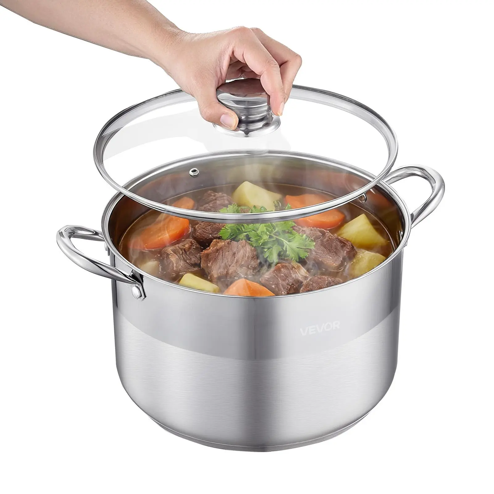 VEVOR All Stainless Steel Kitchen Stock Pot with Handles, 12-Quart Size with Glass Lid, PFOA-Free, PFAS-Free, Compatible with Gas, Induction & Electric Stoves, for Cooking Soups & Stews