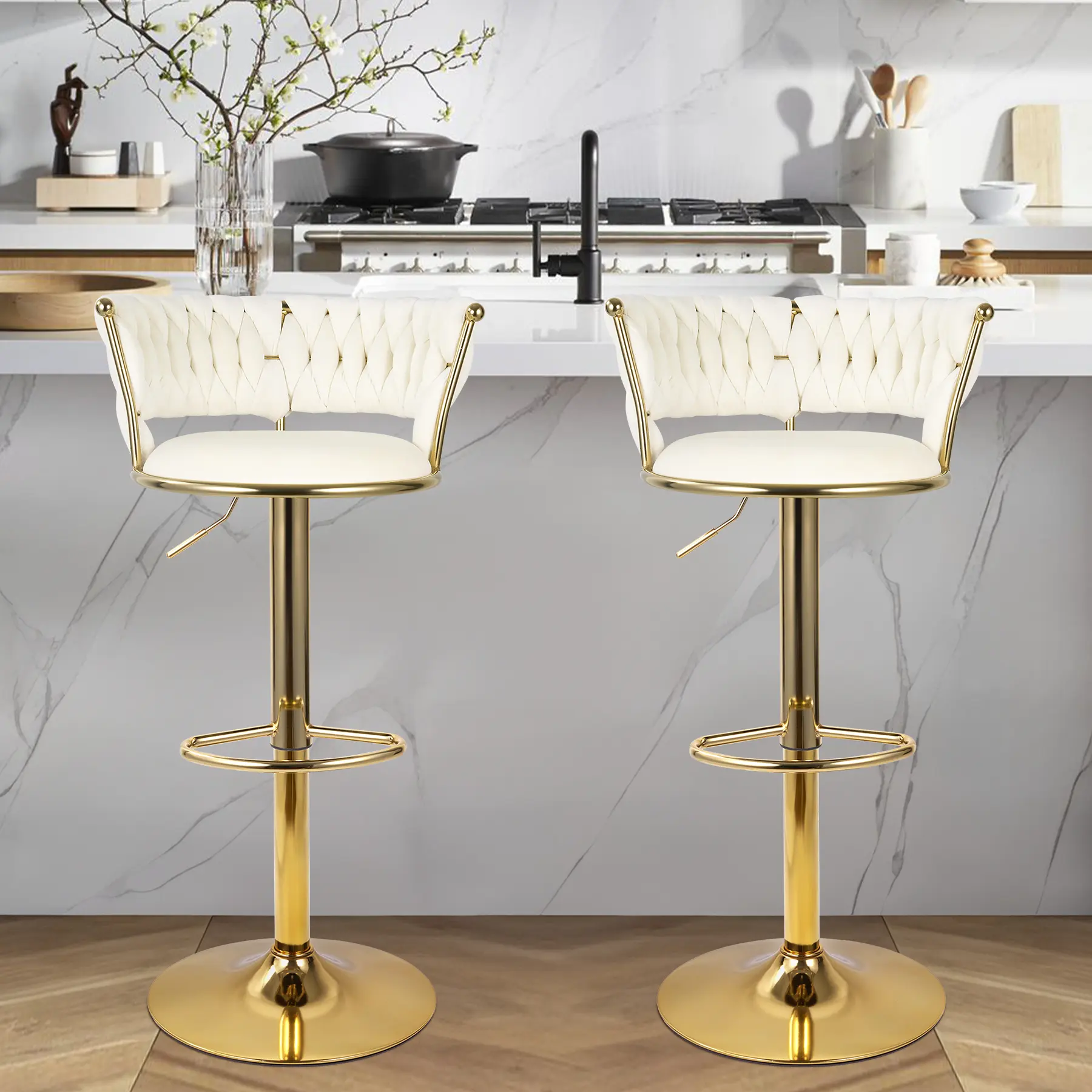 Velvet Bar Stools Set of 2, Modern Upholstered Swivel Bar Chairs with Adjustable Height and Low Back, 360° Gold Base Counter Height Stools for Kitchen Island, Bar or Pub